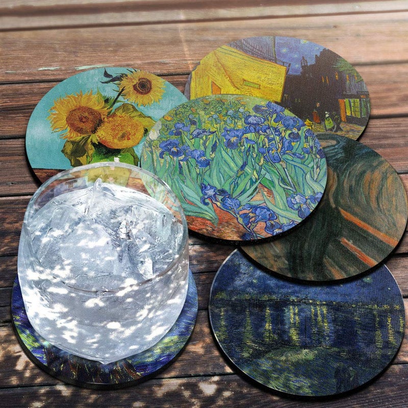 CARIBOU Coasters - Sunflowers Van Gogh, The Scream, Starry Night, Cafe Terrace, Irises, The Starry Night Over The Rhone Design Absorbent ROUND Fabric Felt Neoprene Coasters for Drinks, 6pcs Set - Image 4